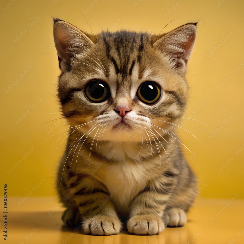 Fototapeta premium Cute brown cartoon cat with remorseful face and big eyes saying sorry