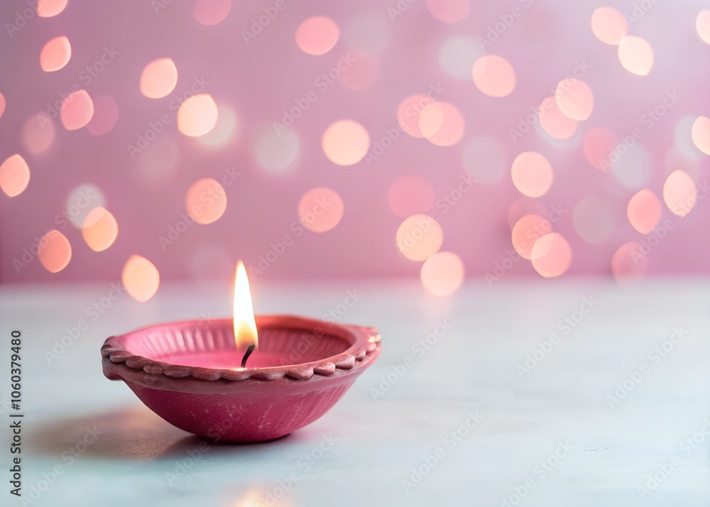 Beautiful Indian diya oil lamp made of dark red clay. Standing on the left. Soothing ambient light. Soft bokeh background. Big copy space on the right Beautiful Indian diya oil lamp made of dark red clay. Standing on the left. Soothing ambient light. Soft bokeh background. Big copy space on the right