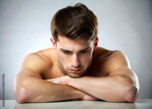 Young lean guy, cleanly shaved face, disheveled, remorseful, with sad face, head down, eyes down to the side, hunched, saying sorry, half length portrait