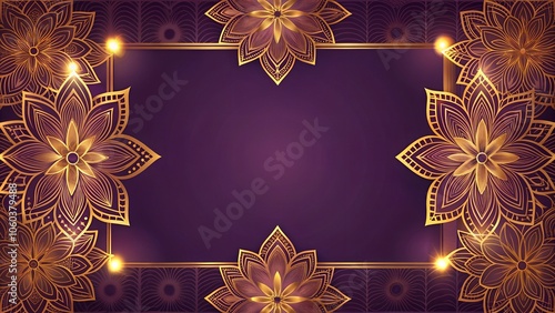 Diwali banner in purple and golden colors, traditional Indian semi-transparent pattern. Ideally symmetrical frame made of straight golden lines. Big copy space.
