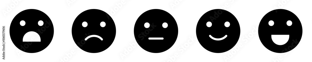 Emoji vector icon set. Emojis set in black color isolated. Five rating emoji icon set. Rating emoji collection. Vector illustration. Emoji vector icon set. Emojis set in black color isolated. Five rating emoji icon set. Rating emoji collection. Vector illustration.