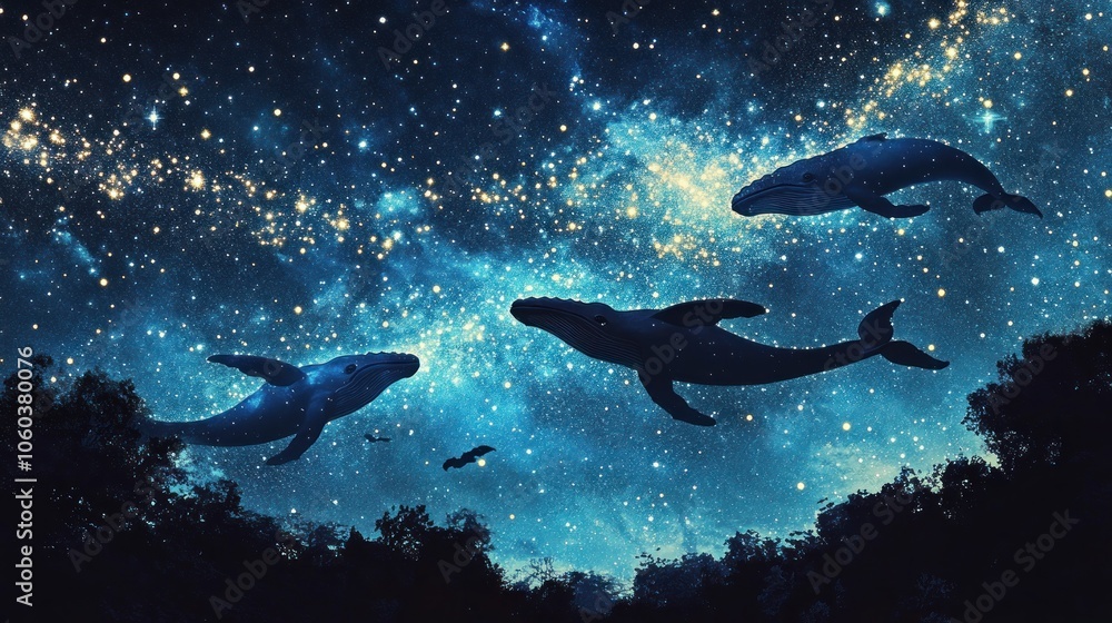 Three whales soar through a starry sky above a dark forest, representing a dreamlike and magical scene. Three whales soar through a starry sky above a dark forest, representing a dreamlike and magical scene.