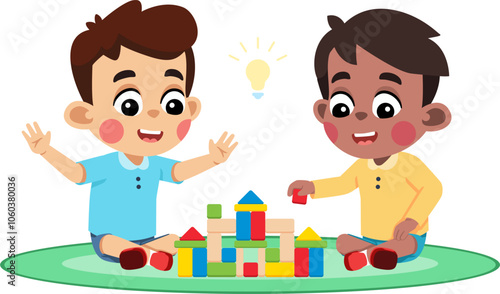 Kid Helping a Friend Build Something With Blocks