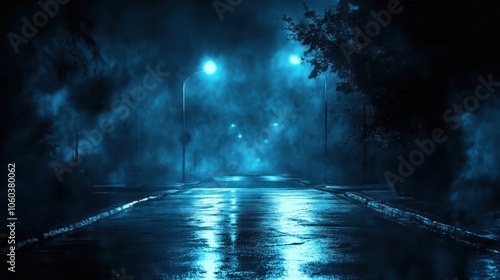 A dark, deserted street illuminated by faint streetlights, with wet asphalt reflecting glimmers of light. photo