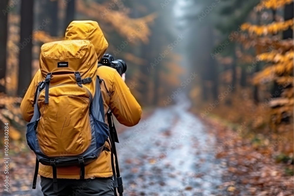A photographer captures autumn colors on a misty forest trail in the peaceful quiet of nature's beauty A photographer captures autumn colors on a misty forest trail in the peaceful quiet of nature's beauty