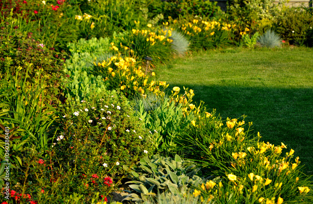 kolorowa rabata kwiatowa otoczona niskimi liliowcami odmiany Stella d'Oro, kwietnik otoczony obwódką z żółtych liliowców, Hemerocallis, Stella D'Oro Daylily Garden