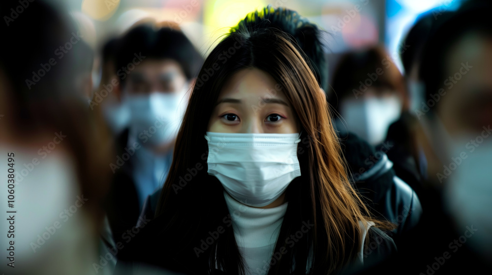 woman wearing mask stands out in crowd, reflecting ongoing health concerns in urban environments. image captures essence of modern life amidst challenges woman wearing mask stands out in crowd, reflecting ongoing health concerns in urban environments. image captures essence of modern life amidst challenges