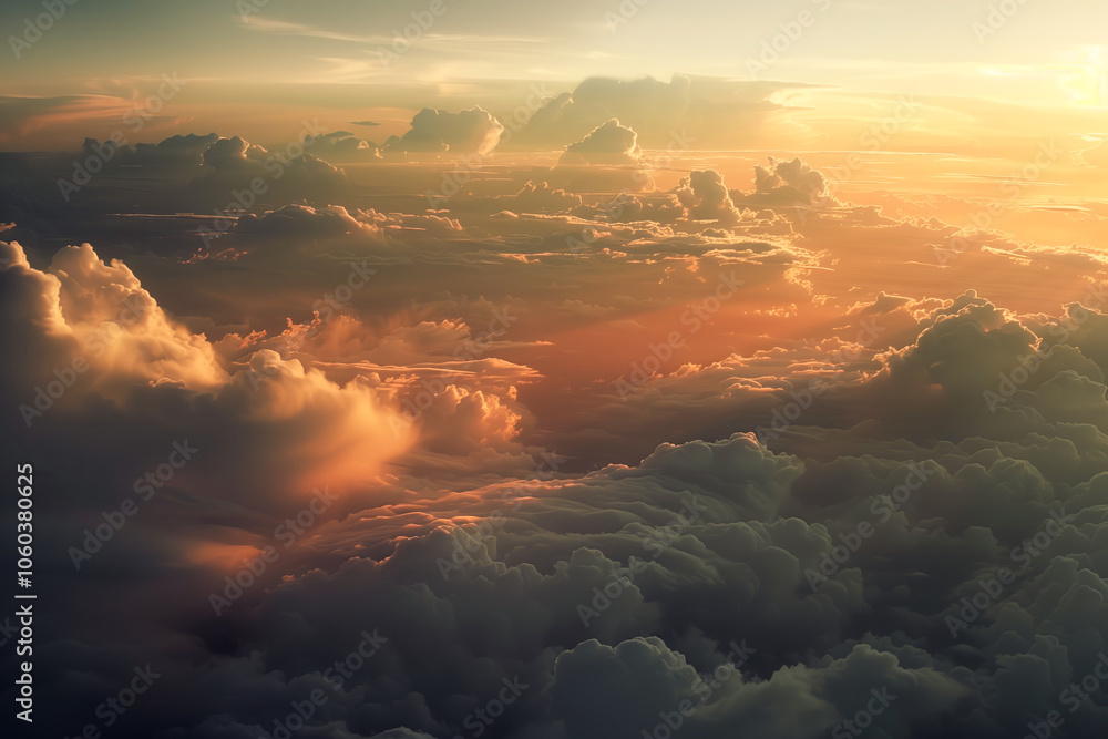 Fototapeta premium Breathtaking view of clouds illuminated by warm glow of sunset, creating serene and tranquil atmosphere. soft hues blend beautifully, evoking sense of peace and wonder