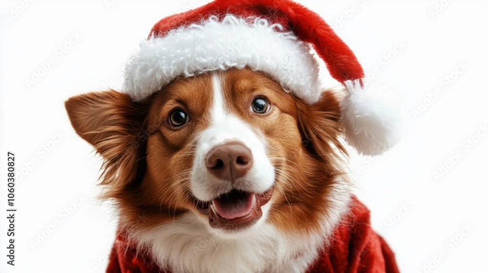 Cute dog dressed as Santa, complete with hat and red coat on white background Cute dog dressed as Santa, complete with hat and red coat on white background