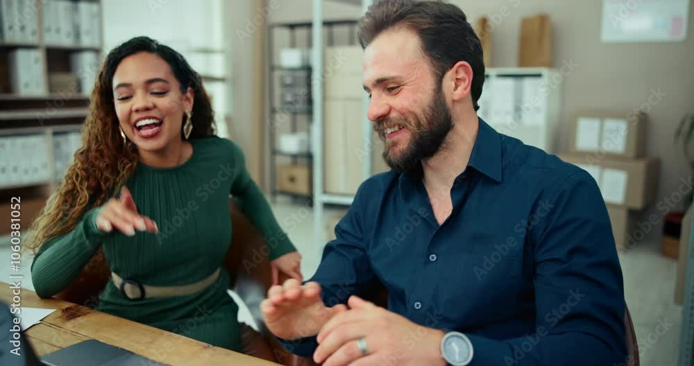 Man, woman and high five with celebration for shipping, distribution and small business courier service. Ecommerce, partnership and people with supply chain for online shopping, logistics and order Man, woman and high five with celebration for shipping, distribution and small business courier service. Ecommerce, partnership and people with supply chain for online shopping, logistics and order