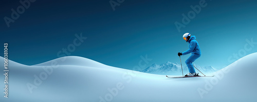 A lone skier in blue glides over pristine snow with a serene blue sky backdrop, capturing the essence of winter sports and adventure.