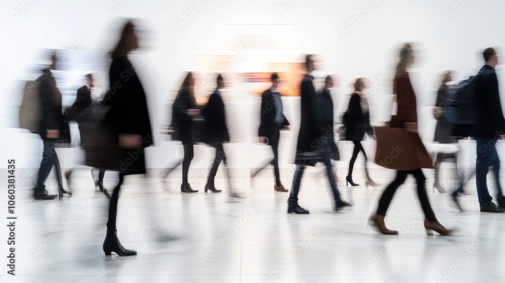 A blurred image of people walking through a gallery or exhibition hall. A blurred image of people walking through a gallery or exhibition hall.