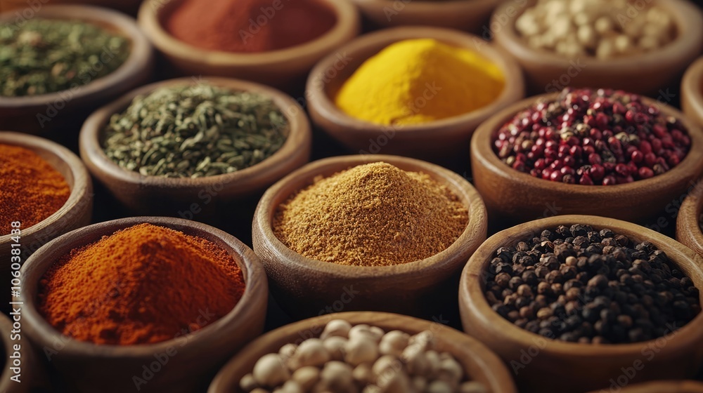 Detailed shot of colorful spices arranged in bowls, showcasing the rich textures and vibrant colors for a culinary theme. Detailed shot of colorful spices arranged in bowls, showcasing the rich textures and vibrant colors for a culinary theme.