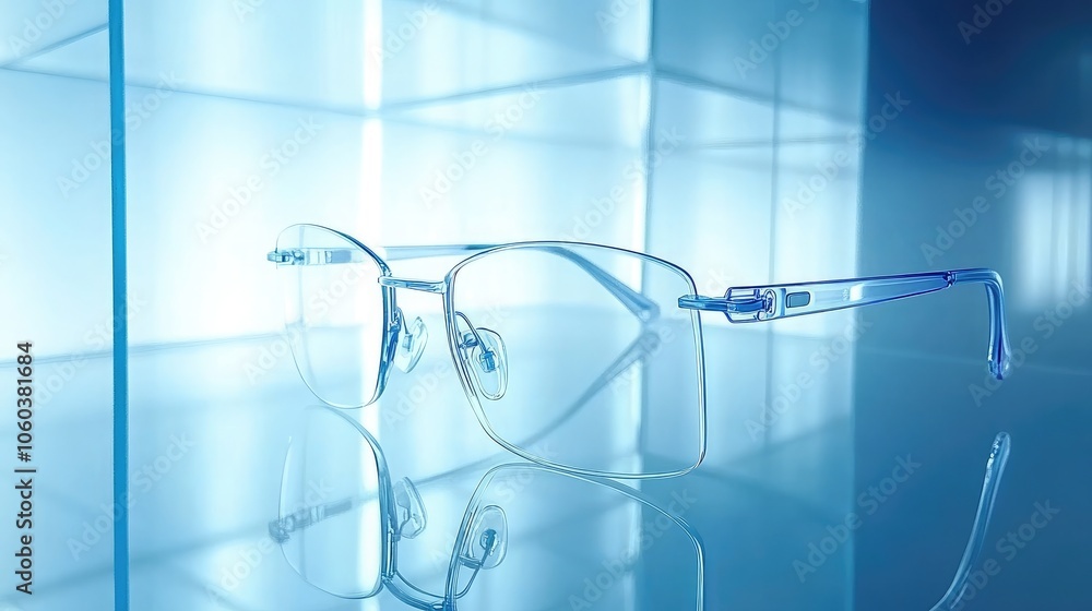 Stylish Transparent Glasses on Blue Background Stylish Transparent Glasses on Blue Background