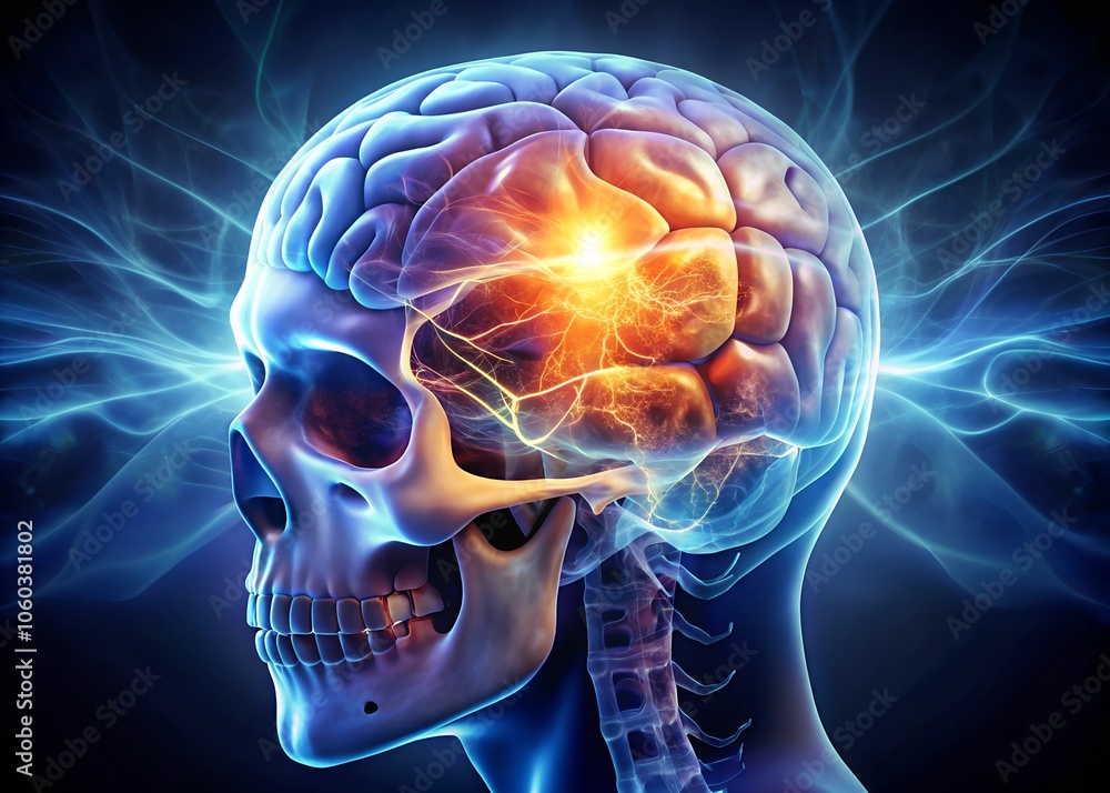 Human skull with glowing brain illustration Human skull with glowing brain illustration