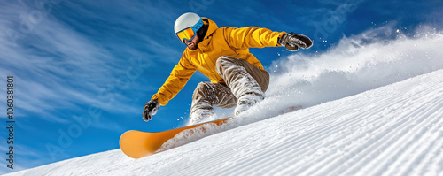 A snowboarder in a yellow jacket carves through fresh powder under a bright blue sky, showcasing the thrill of winter sports. photo