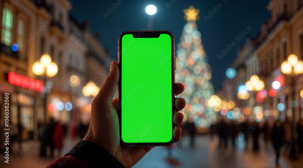 Fototapeta premium Close-up of a smartphone with a green screen held by a hand against a festive, blurred Christmas background. Ideal for holiday greetings, online shopping, or social media sharing during celebrations