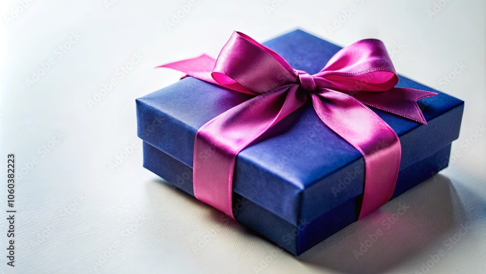 A deep blue gift box adorned with a delicate magenta satin ribbon, meticulously tied into a graceful bow, a symbol of anticipation and joy. A deep blue gift box adorned with a delicate magenta satin ribbon, meticulously tied into a graceful bow, a symbol of anticipation and joy.