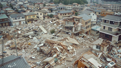 Urban Earthquake Destruction: Collapsed Buildings and Debris in a Devastated Cityscape photo