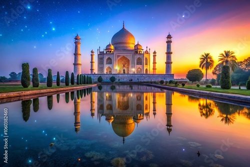 A serene night envelops the Taj Mahal, showcasing Agra’s iconic monument bathed in low light, reflecting tranquility and architectural beauty beneath twinkling stars.