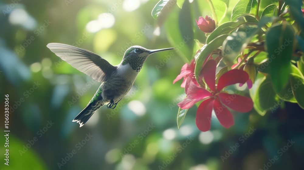 Fototapeta premium Graceful hummingbird hovering near a flower.