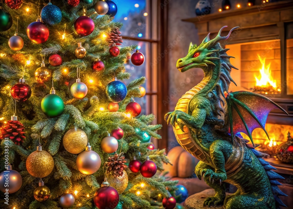 Fototapeta premium A spectacular Christmas tree adorned with twinkling lights and a majestic dragon, creating a magical holiday scene full of wonder and festive fantasy. Celebrate joyfully!