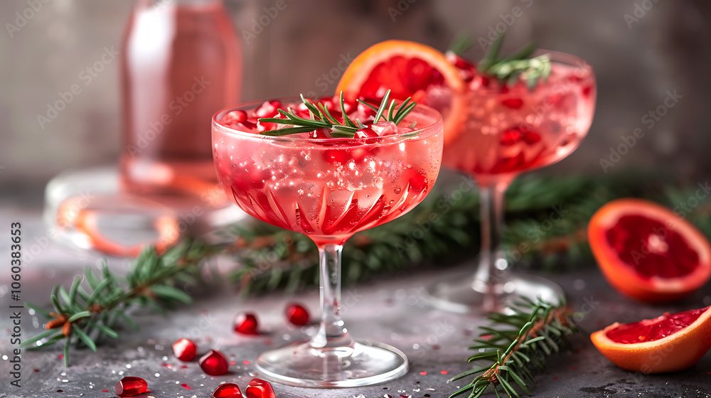 Two glasses of red cocktail with pomegranate and rosemary on a gray background Two glasses of red cocktail with pomegranate and rosemary on a gray background