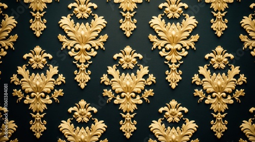 Ornate gold and black damask pattern.