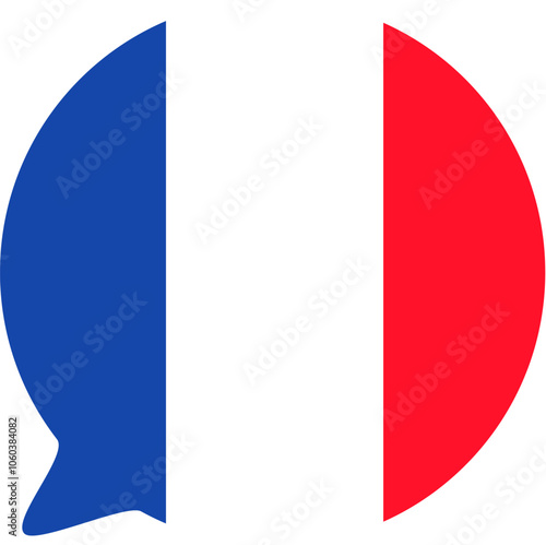 A vibrant vector illustration of a speech bubble in colors of French flag in a cartoon style. French cultural festivals, culinary events showcasing French cuisine. French products, services, or destin