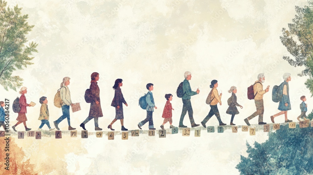 An illustration of diverse individuals of various ages, from children to seniors, walking along a pathway lined with milestone markers, symbolizing the journey through life stages while emphasizing An illustration of diverse individuals of various ages, from children to seniors, walking along a pathway lined with milestone markers, symbolizing the journey through life stages while emphasizing