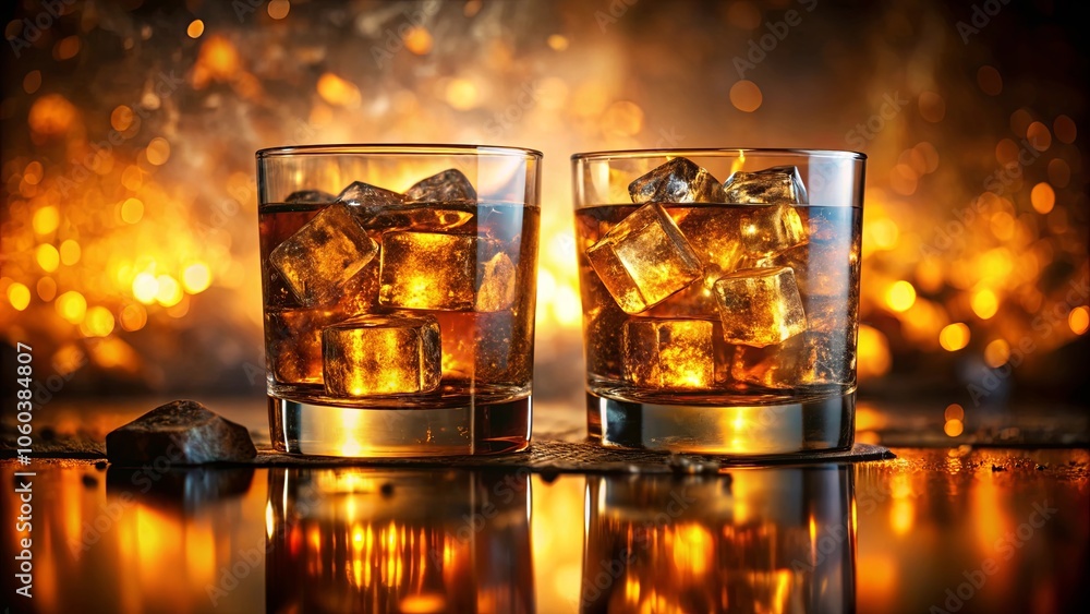 Two chilled glasses of amber liquid with ice cubes, set against a backdrop of warm, shimmering lights. Two chilled glasses of amber liquid with ice cubes, set against a backdrop of warm, shimmering lights.