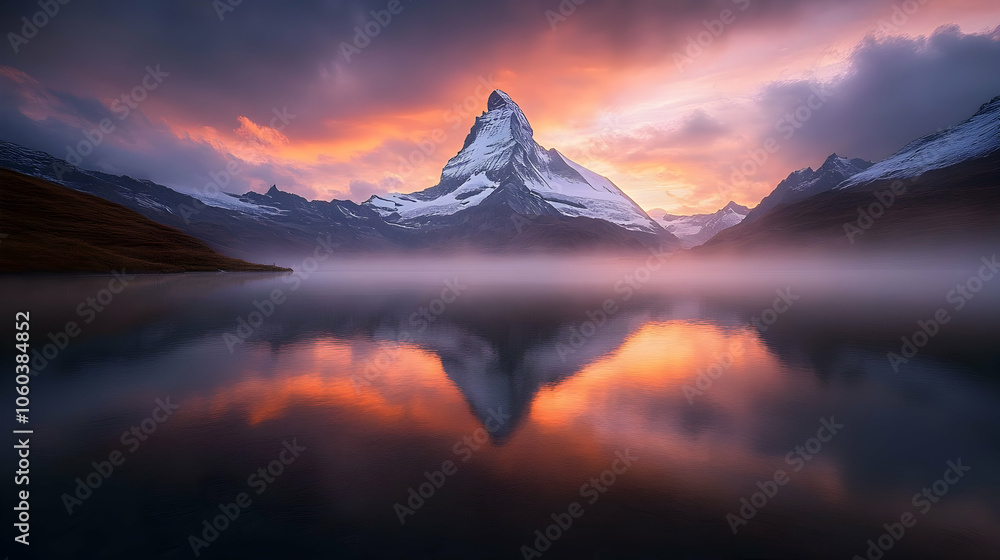 Majestic Mountain Peak Reflected in Still Water at Sunset - A Photo Majestic Mountain Peak Reflected in Still Water at Sunset - A Photo
