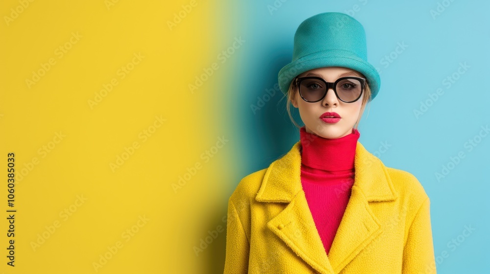A stylish model poses against a vibrant yellow and blue background, wearing a yellow coat, red turtleneck, and a turquoise hat, exuding retro fashion vibes. A stylish model poses against a vibrant yellow and blue background, wearing a yellow coat, red turtleneck, and a turquoise hat, exuding retro fashion vibes.