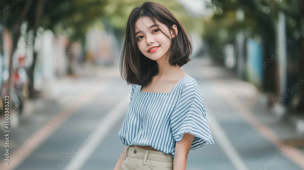 A woman wearing a striped shirt is standing on a busy street A woman wearing a striped shirt is standing on a busy street