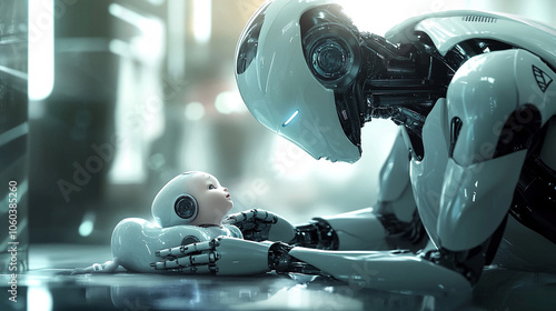 A tender, futuristic scene shows an adult robot caring for a small robot child in a warm, friendly environment. An illustration of new technologies. photo