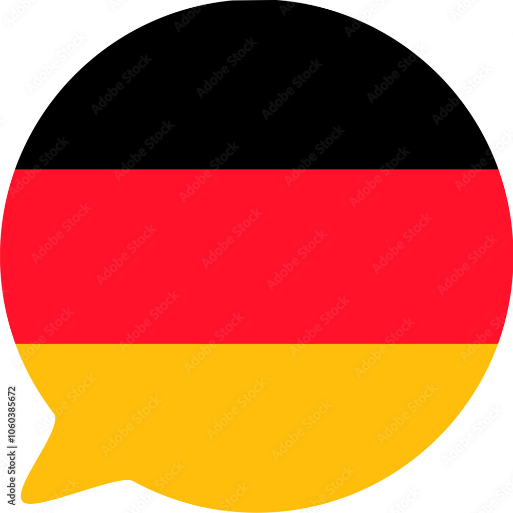 Naklejka premium A vibrant vector illustration of a speech bubble in colors of German flag in a cartoon style. Germany's national pride through its bold and patriotic hues. German language and culture. Illustration is