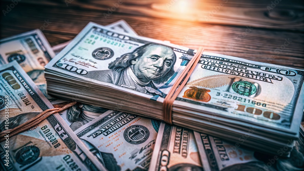 A towering stack of hundred-dollar bills on a sleek table epitomizes financial triumph, affluence, and abundance within a contemporary business landscape. Success radiates through luxury. A towering stack of hundred-dollar bills on a sleek table epitomizes financial triumph, affluence, and abundance within a contemporary business landscape. Success radiates through luxury.