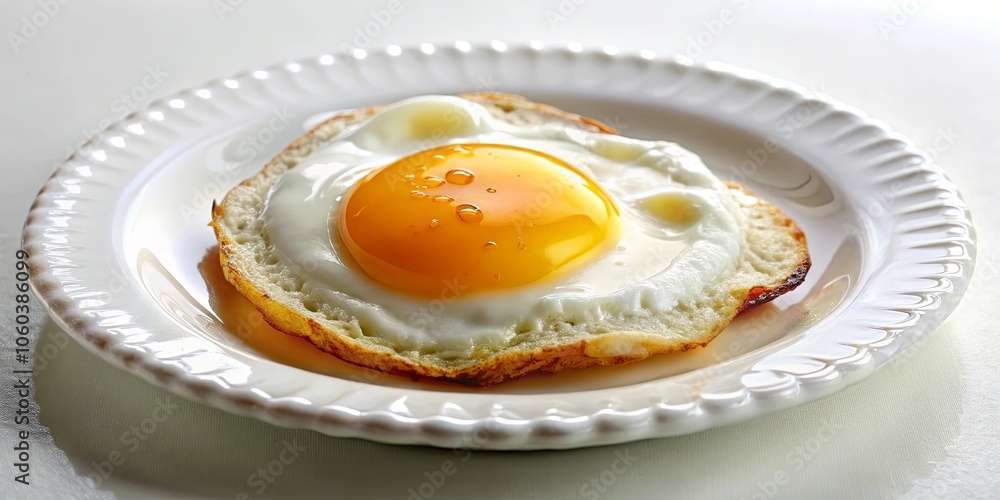 A solitary fried egg rests on a crisp white plate, its golden yolk glistening with a film of oil, inviting a taste of morning. A solitary fried egg rests on a crisp white plate, its golden yolk glistening with a film of oil, inviting a taste of morning.