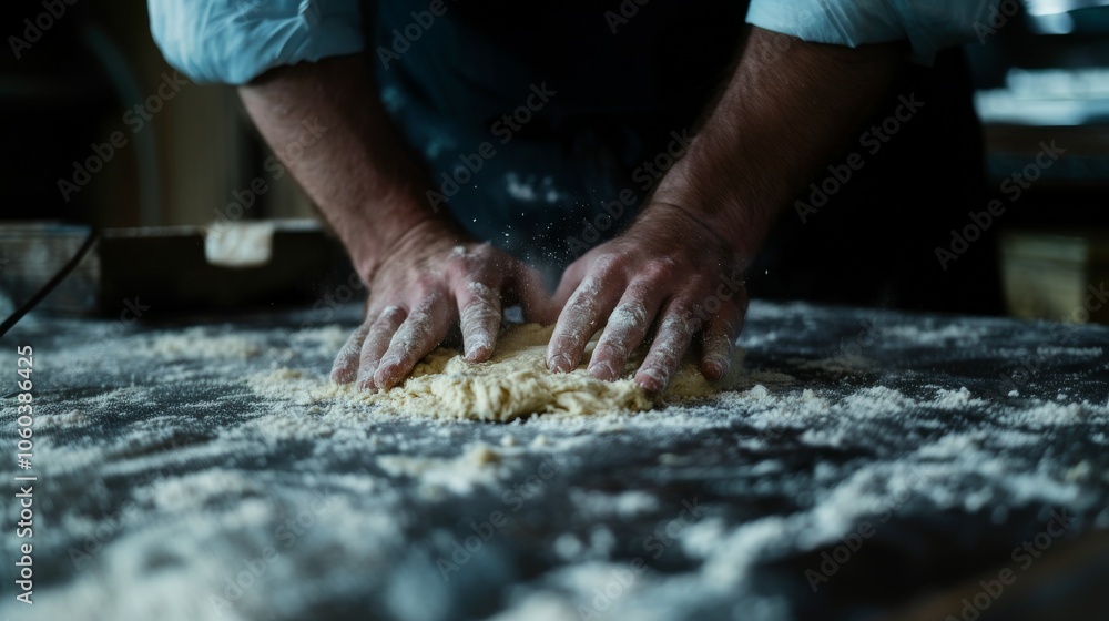 A close-up of hands kneading dough on a floured surface A close-up of hands kneading dough on a floured surface