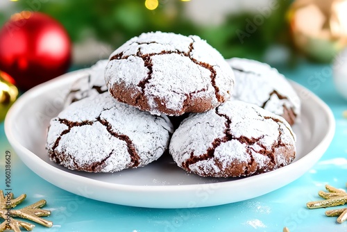 Delicious chocolate crinkle cookies dusted with powdered sugar, perfect for festive celebrations and holiday gatherings. photo