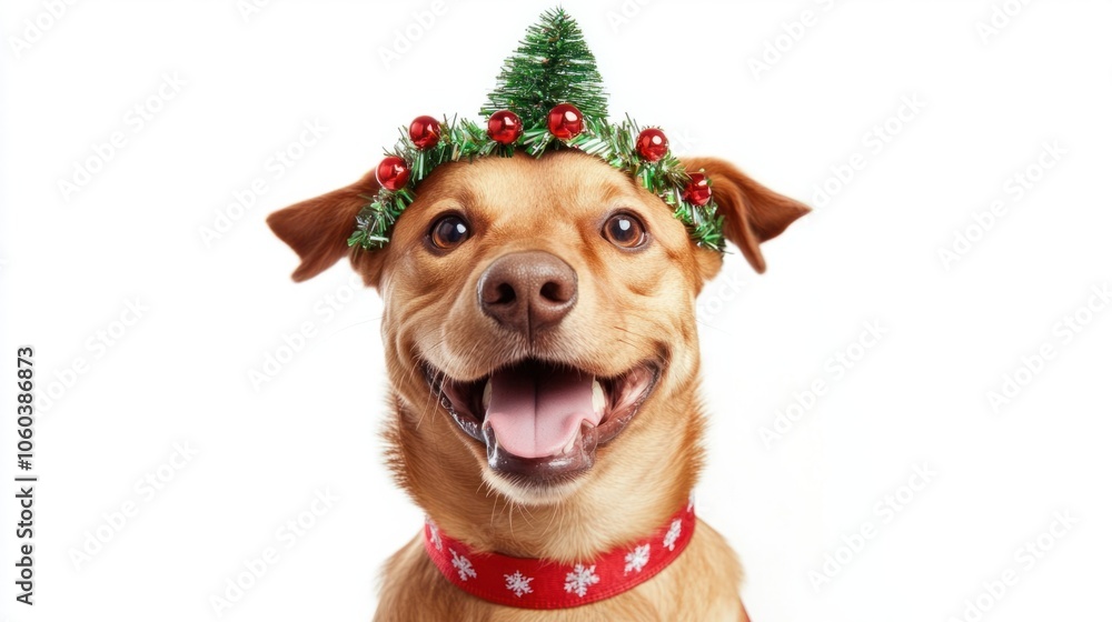 Dog with Christmas tree headband and festive red collar on white background Dog with Christmas tree headband and festive red collar on white background
