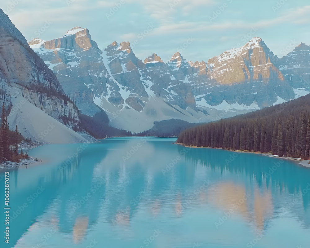 Fototapeta premium Stunning Mountain Range Reflected in Turquoise Lake - Photo