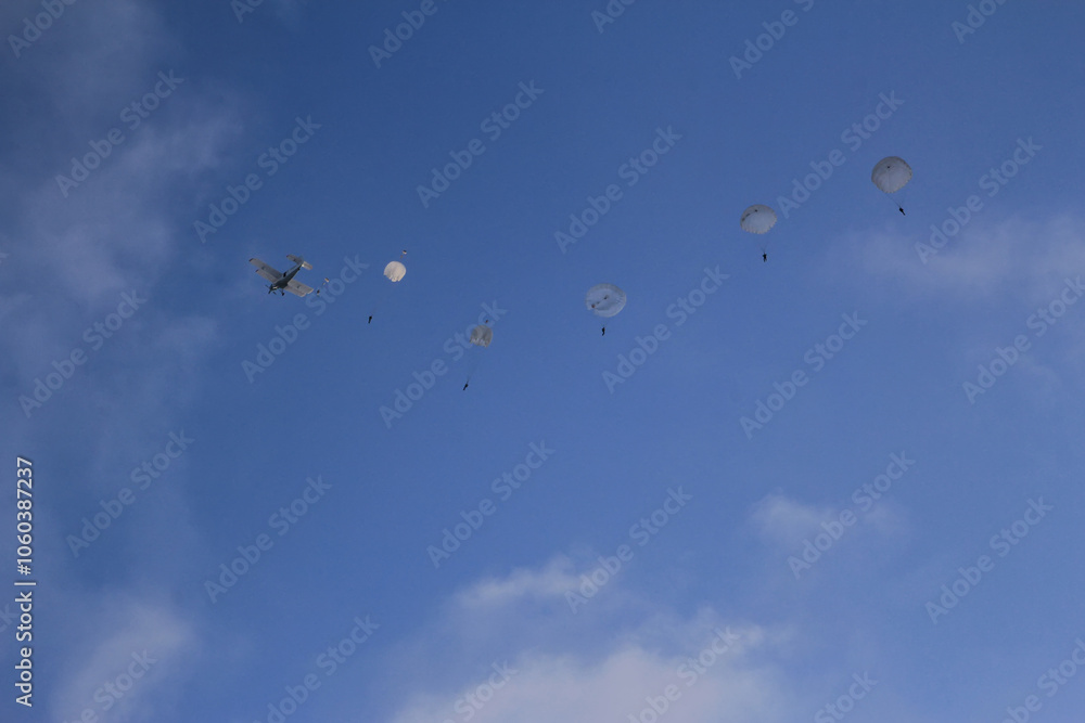 Paratroopers descend from a military aircraft on a clear day against a blue sky, showcasing airborne training and teamwork Paratroopers descend from a military aircraft on a clear day against a blue sky, showcasing airborne training and teamwork