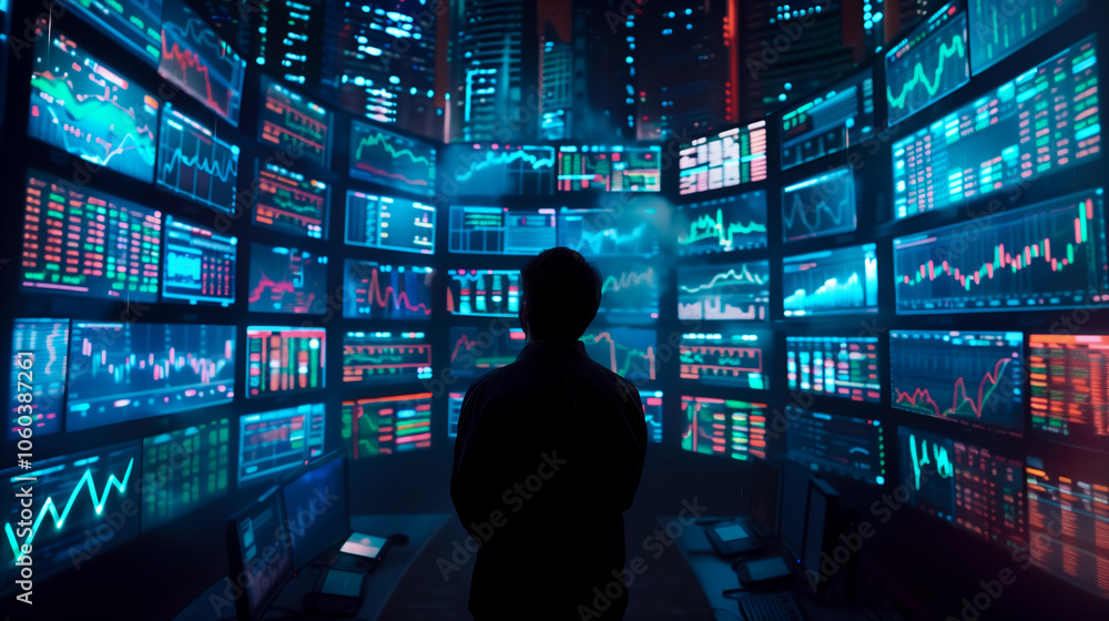 person stands in dark room surrounded by multiple screens displaying stock market graphs and data, creating high tech atmosphere filled with vibrant colors person stands in dark room surrounded by multiple screens displaying stock market graphs and data, creating high tech atmosphere filled with vibrant colors