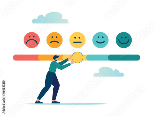 Customer feedback giving rating based on experience or quality from product and service, survey, opinion and review to evaluate result, man trying to push customer feedback bar to be excellent smile.