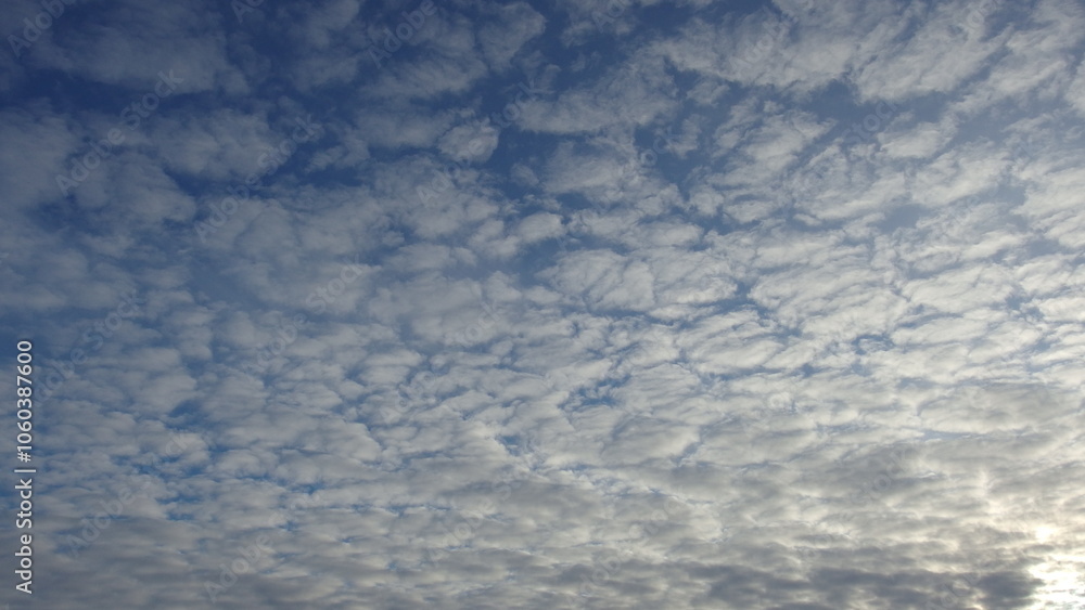 a sky filled with a pattern of altocumulus clouds. These clouds appear as a layer of small, white, fluffy patches that cover a large portion of the sky, creating a textured effect a sky filled with a pattern of altocumulus clouds. These clouds appear as a layer of small, white, fluffy patches that cover a large portion of the sky, creating a textured effect