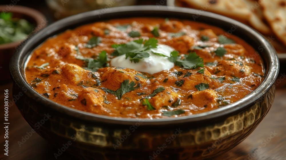 A bowl of rich, creamy curry garnished with cilantro and yogurt, served with bread. A bowl of rich, creamy curry garnished with cilantro and yogurt, served with bread.