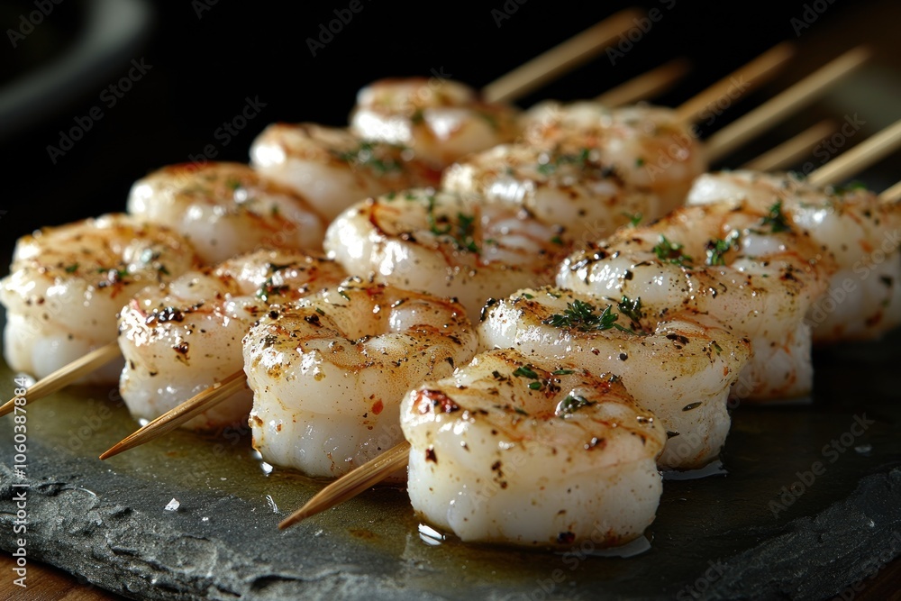 Grilled shrimp skewers arranged on a slate platter, garnished for presentation. Grilled shrimp skewers arranged on a slate platter, garnished for presentation.