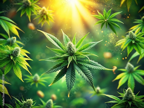 A vibrant image of cannabis buds cascading amidst lush greenery, embodying the spirit of nature and herbal remedies, perfect for wellness and CBD-themed content.