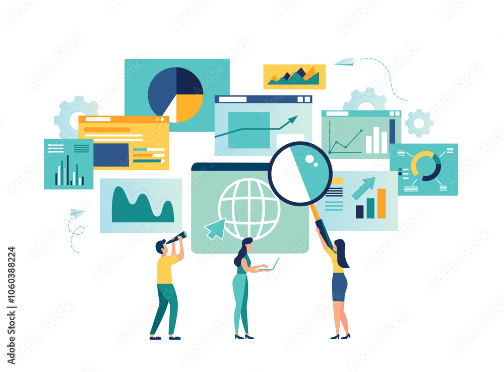 Analytical report on research results, chart control panel, financial chart statistics, data analysis, SEO, optimization, businessman analyzes research charts and graphs, vector illustration